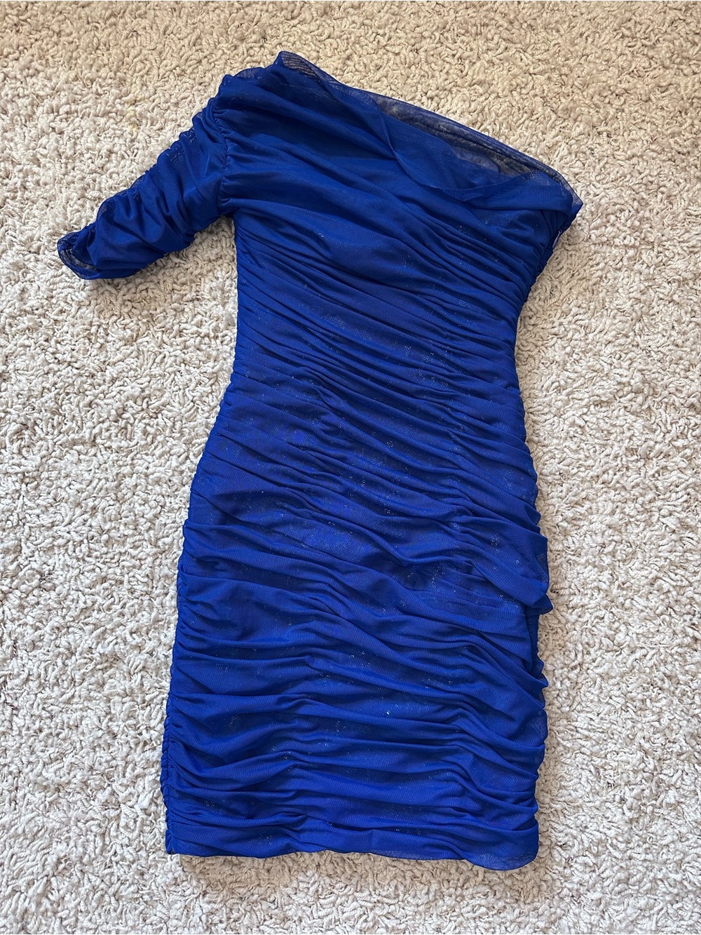 BCBGMAXAZRIA Bojana Royal Blue Ruched Mesh One Shoulder Dress Size 4